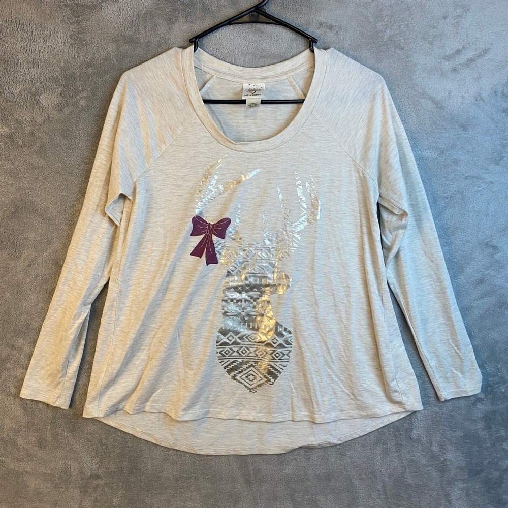 Self Esteem Top‎ Womens Medium Deer Graphic Oatmeal Long Sleeve Babydoll EUC